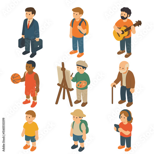 Isometric Social Roles Icons. Isometric Flat icon set of social role characters: businessman, student, musician, athlete, artist,
