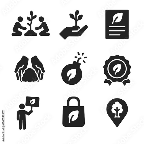 Eco Volunteer Icons. Solid, filled icon set of eco volunteer activities: group planting, tree donation, awareness flyer, hands in