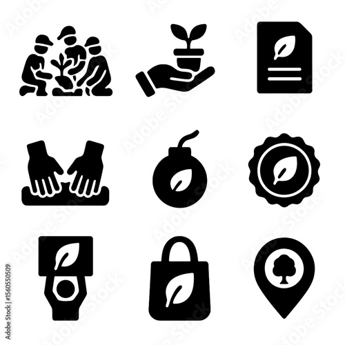 Eco Volunteer Icons. Solid, filled icon set of eco volunteer activities: group planting, tree donation, awareness flyer, hands in