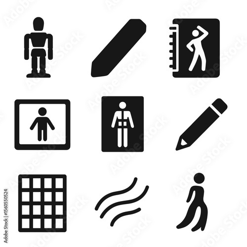 Solid Icon Collection. Solid, filled icon set of figure drawing tools: drawing mannequin, charcoal stick, sketchbook, reference