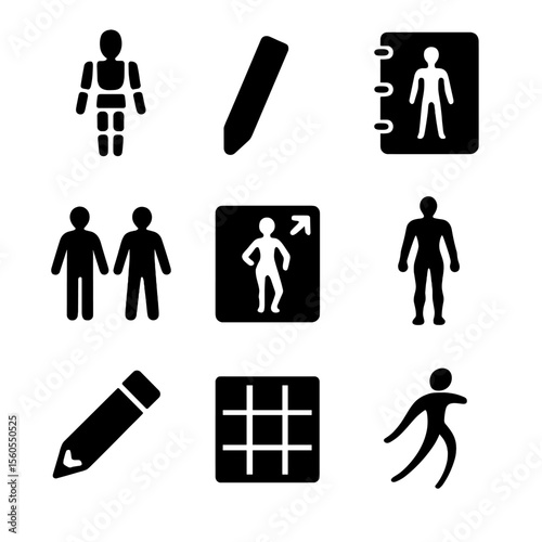 Solid Icon Collection. Solid, filled icon set of figure drawing tools: drawing mannequin, charcoal stick, sketchbook, reference