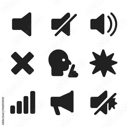 Sound Icons Grid. Solid, filled icon set of contrast in sound: loudspeaker, mute symbol, echo wave, silence line, noise burst,