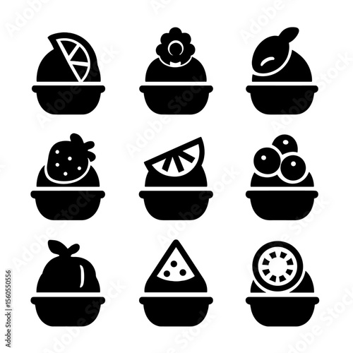 Sorbet Flavor Icons. Solid, filled icon set of sorbet flavors in bowls: lemon sorbet, raspberry sorbet, mango sorbet, strawberry