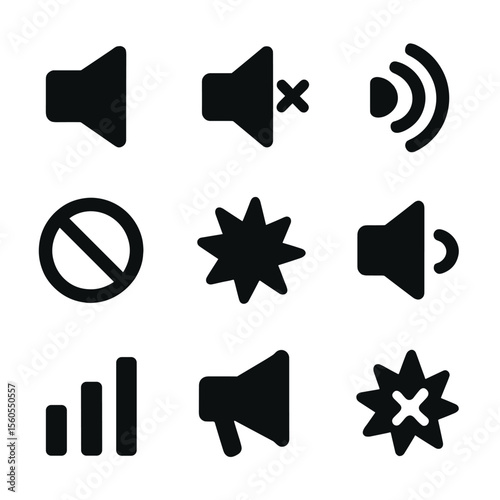Sound Icons Grid. Solid, filled icon set of contrast in sound: loudspeaker, mute symbol, echo wave, silence line, noise burst,