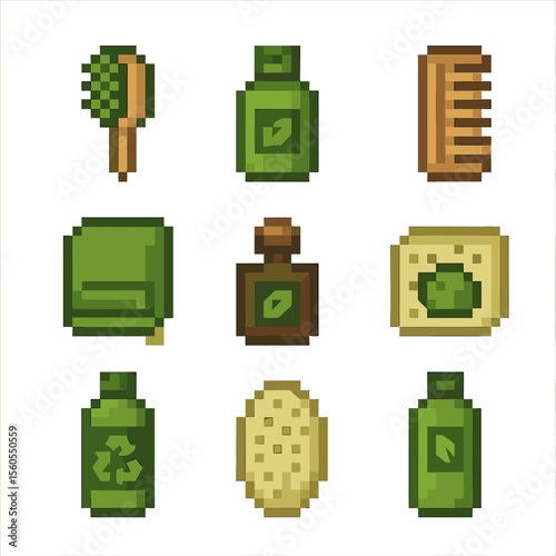 Eco-Friendly Grooming Icons. Pixel art icon set of green grooming products: bamboo brush, organic shampoo, wooden comb, cotton