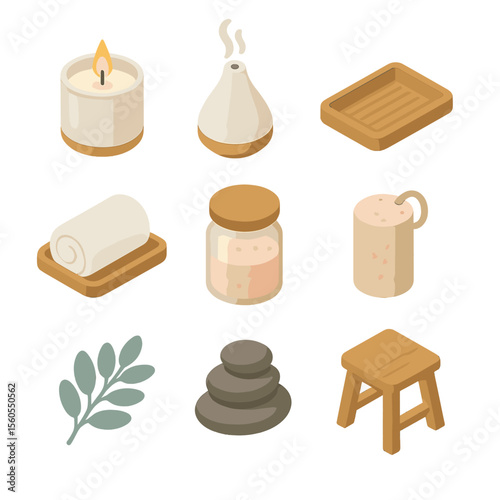 Spa Bathroom Icons. Isometric Flat icon set of spa-like bathroom ambiance: scented candle, essential oil diffuser, bamboo tray,