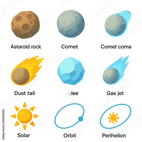 Space Object Icons. Isometric Flat icon set of comet and asteroid distinctions: asteroid rock, comet nucleus, comet coma, dust