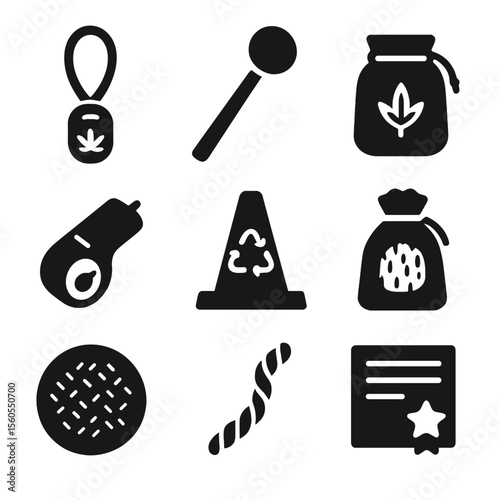Eco-Friendly Training Icons. Solid, Filled icon set of eco-friendly training aids: hemp clicker, wooden target stick, cotton
