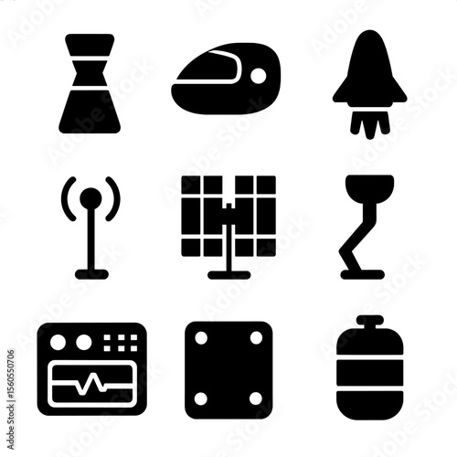 Spaceship Parts Icons. Solid, filled icon set of spaceship parts: rocket engine, cockpit, thruster, antenna, solar panel, landing
