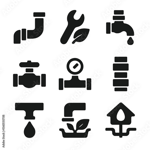 Eco-Friendly Plumbing Icons. Solid, filled icon set of eco-friendly plumbing: water pipe, green wrench, leak repair, shut-off