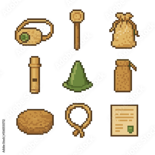Eco-Friendly Training Icons. Pixel art icon set of eco-friendly training aids: hemp clicker, wooden target stick, cotton training