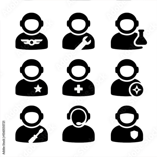 Spaceship Crew Icons. Solid, filled icon set of spaceship crew roles: pilot, engineer, scientist, commander, medic, navigator,