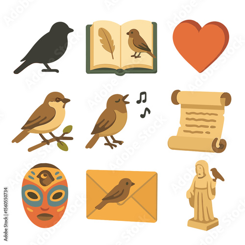 Sparrow Symbolism Icons. Isometric Flat icon set of sparrow in folklore and symbolism: sparrow silhouette, open book with proverb,