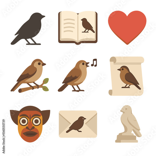 Sparrow Symbolism Icons. Isometric Flat icon set of sparrow in folklore and symbolism: sparrow silhouette, open book with proverb,