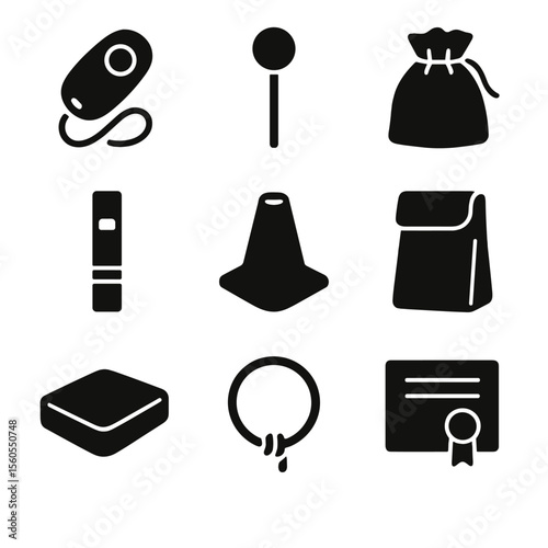 Eco-Friendly Training Icons. Solid, Filled icon set of eco-friendly training aids: hemp clicker, wooden target stick, cotton