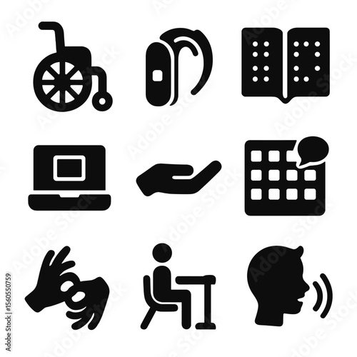 Special Needs Support Icons. Solid, filled icon set of special needs classroom support: wheelchair, hearing aid, Braille book,