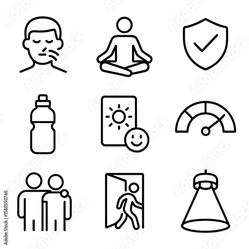 Speaking Anxiety Icons. Outline icon set of managing speaking anxiety: deep breathing, meditation pose, reassurance badge, water