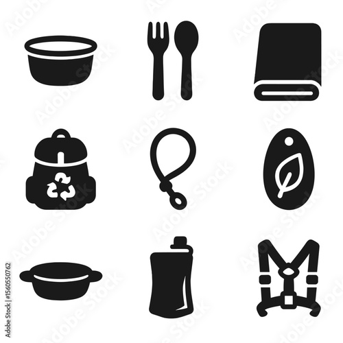Eco-Friendly Travel Icons. Solid, Filled icon set of zero-waste travel gear: stainless steel travel bowl, bamboo utensils, cotton