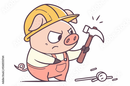 Vector cute Pig cartoon character, builder's hard hat, holding a hammer, determined and strong expression, construction tools hint, isolated on white background