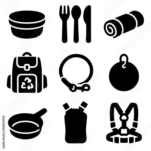 Eco-Friendly Travel Icons. Solid, Filled icon set of zero-waste travel gear: stainless steel travel bowl, bamboo utensils, cotton