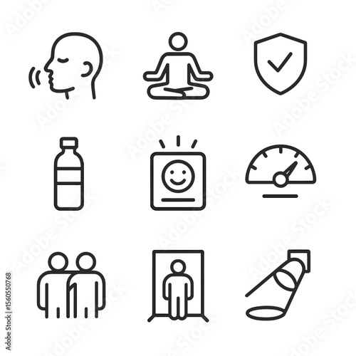 Speaking Anxiety Icons. Outline icon set of managing speaking anxiety: deep breathing, meditation pose, reassurance badge, water