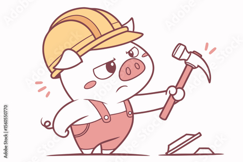 Vector cute Pig cartoon character, builder's hard hat, holding a hammer, determined and strong expression, construction tools hint, isolated on white background