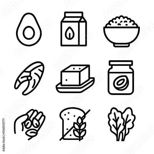 Specialized Diet Icons. Outline icon set of specialized diet foods: avocado slice, almond milk carton, quinoa bowl, salmon fillet,