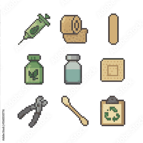Eco-Friendly Vet Icons. Pixel art icon set of sustainable veterinary care: biodegradable syringe, organic bandage, wooden tongue