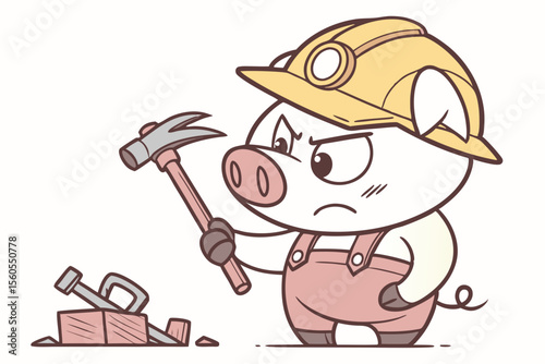 Vector cute Pig cartoon character, builder's hard hat, holding a hammer, determined and strong expression, construction tools hint, isolated on white background