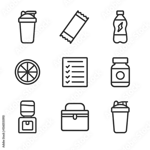 Sports Nutrition Icons. Outline icon set of sports nutrition and hydration: protein shake, energy bar, electrolyte drink, fruit