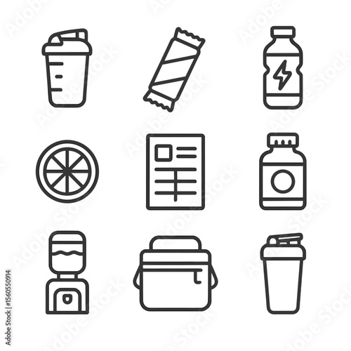 Sports Nutrition Icons. Outline icon set of sports nutrition and hydration: protein shake, energy bar, electrolyte drink, fruit