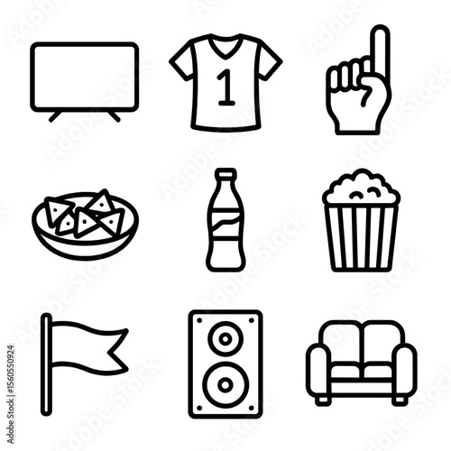 Sports Party Icons. Outline icon set of Sports Viewing Party: TV screen, team jersey, foam finger, nachos plate, soda bottle,