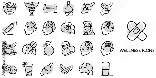 Wellness simple concept 24 hand drawn Grew color icons set .Vector illustration.	