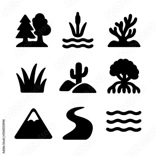 Ecosystem Icons Grid. Solid, filled icon set of ecosystems: forest, wetland, coral reef, grassland, desert, mangrove, tundra,