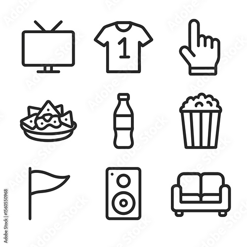 Sports Party Icons. Outline icon set of Sports Viewing Party: TV screen, team jersey, foam finger, nachos plate, soda bottle,