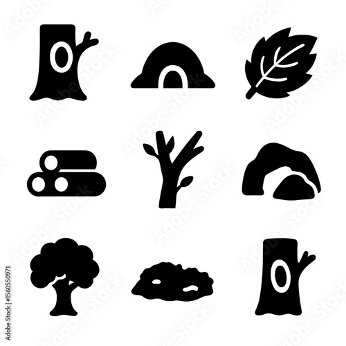 Squirrel Habitat Icons. Solid, filled icon set of squirrel habitats and shelters: tree hole, ground burrow, leaf nest, log pile,