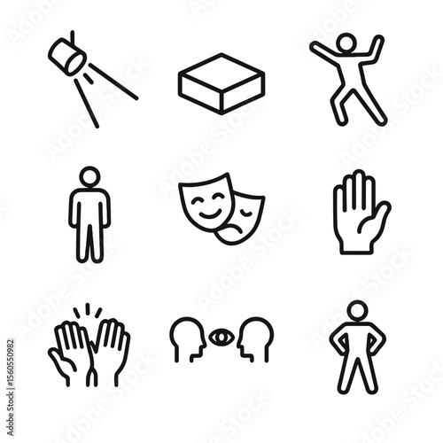 Stage Elements Icons. Outline icon set of stage presence elements: spotlight, stage block, choreography pose, posture icon, facial