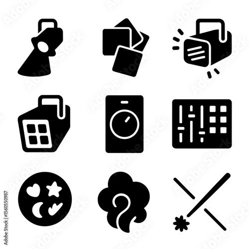 Stage Lighting Icons. Solid, filled icon set of stage lighting effects: spotlight beam, colored gels, strobe light, floodlight,