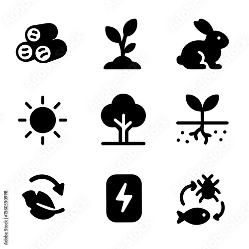 Ecosystem Productivity Icons. Solid, filled icon set of ecosystem productivity: biomass, plant growth, animal population, sunlight