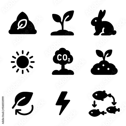 Ecosystem Productivity Icons. Solid, filled icon set of ecosystem productivity: biomass, plant growth, animal population, sunlight