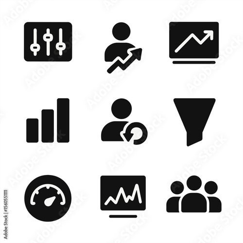 Startup Goals Icons. Solid, filled icon set of startup goals and metrics: KPI dashboard, user growth arrow, revenue chart,
