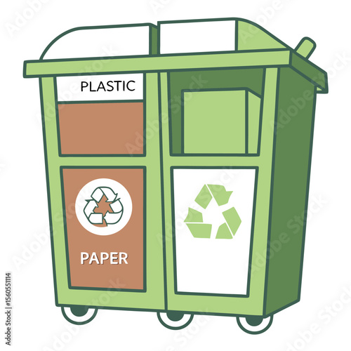 A green recycling bin divided into sections for plastic and paper with respective recycle symbols shown