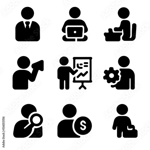 Startup Roles Icons. Solid, filled icon set of startup roles and people: CEO figure, developer with laptop, designer at desk,