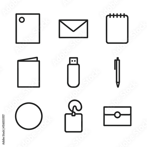 Stationery Icon Set. Outline icon set of Stationery and Collateral: letterhead template, envelope outline, notepad icon,