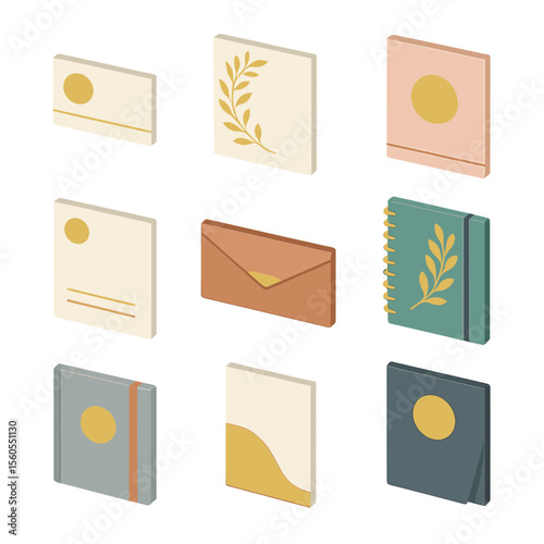 Isometric Stationery Icons. Isometric Flat icon set of foil stamping stationery: business card, wedding invitation, greeting card,