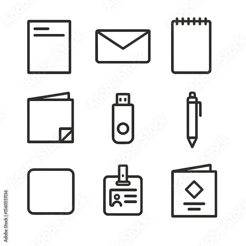 Stationery Icon Set. Outline icon set of Stationery and Collateral: letterhead template, envelope outline, notepad icon,