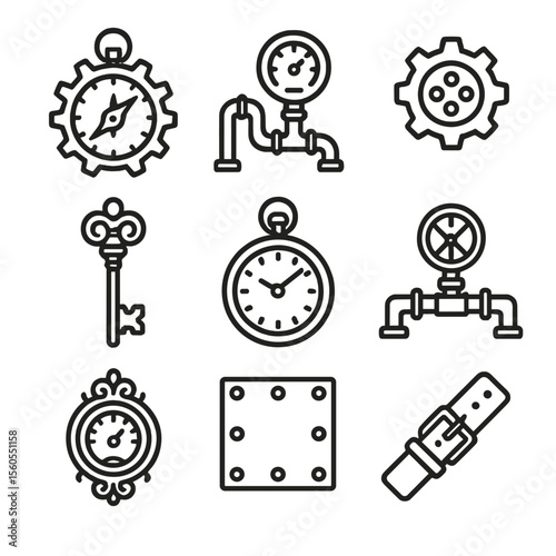 Steampunk Icon Set. Outline icon set of steampunk compass gadgets: gear-adorned compass, steam gauge, brass cog, Victorian key,