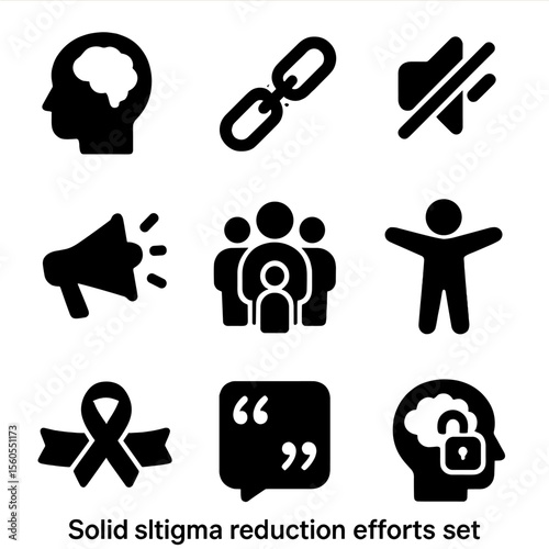 Stigma Reduction Icons. Solid, filled icon set of stigma reduction efforts: open mind, broken chain, crossed-out silence icon,