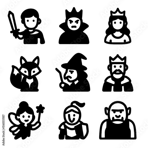 Storybook Heroes and Villains. Solid, filled icon set of storybook heroes and villains: hero with sword, evil queen, brave