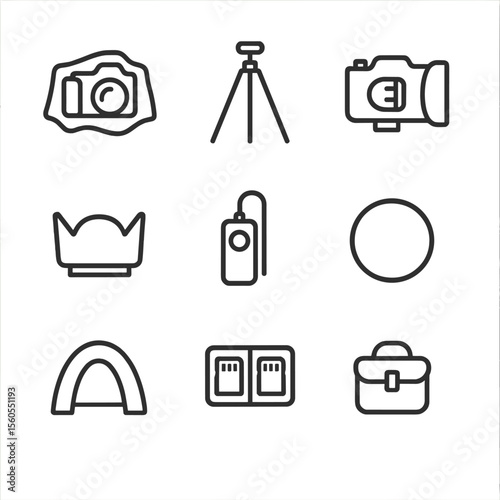 Storm Photography Icon Set. Outline icon set of storm photography tools: camera with rain cover, sturdy tripod, waterproof lens